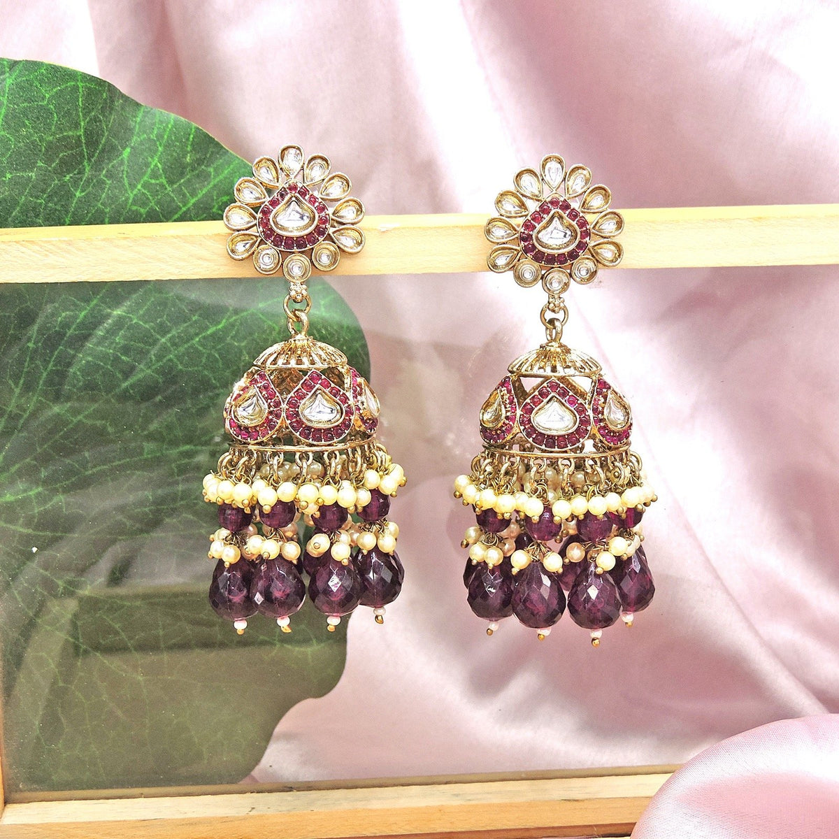 Kundan jhumka earrings with maroon beads – Indian Kundan jhumka for weddings USA – Joyrias