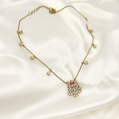 Elegant Charm Drop Necklace with Pink Stone & CZ Accents