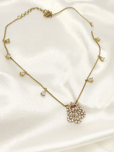 Elegant Charm Drop Necklace with Pink Stone & CZ Accents