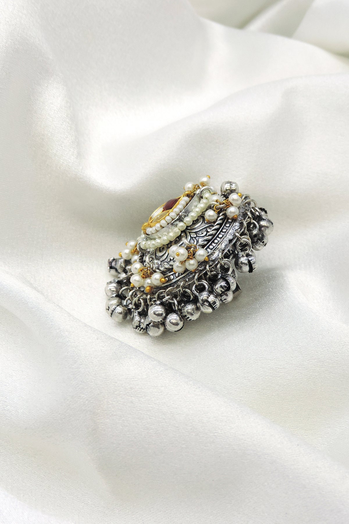 Oxidized Green Pearl Kundan Ring