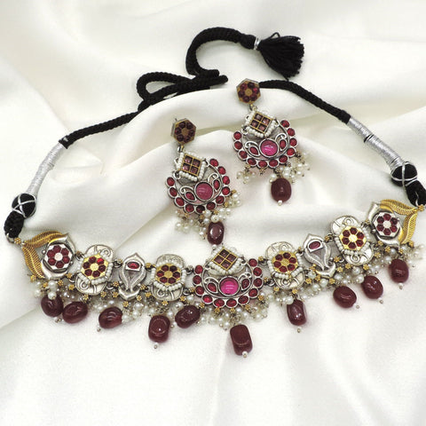 Oxidized Maroon Tribal Choker Necklace Set