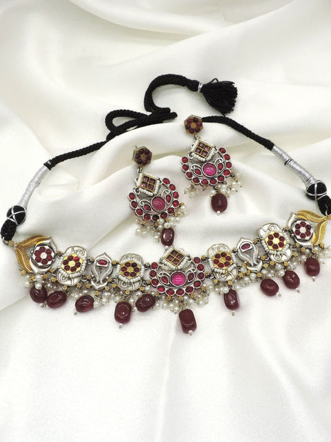 Oxidized Maroon Tribal Choker Necklace Set