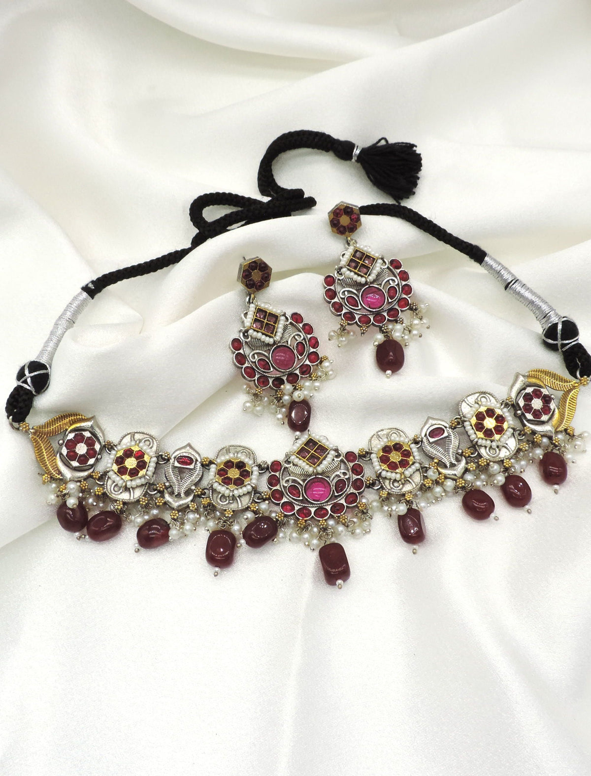 Oxidized Maroon Tribal Choker Necklace Set