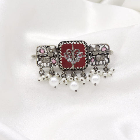 Oxidized Elephant Pearl Kundan Ring