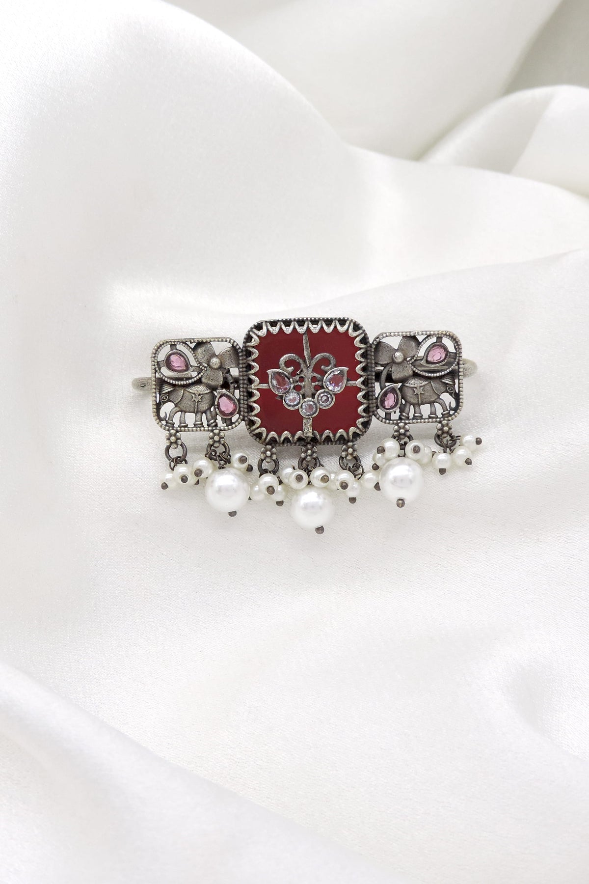 Oxidized Elephant Pearl Kundan Ring