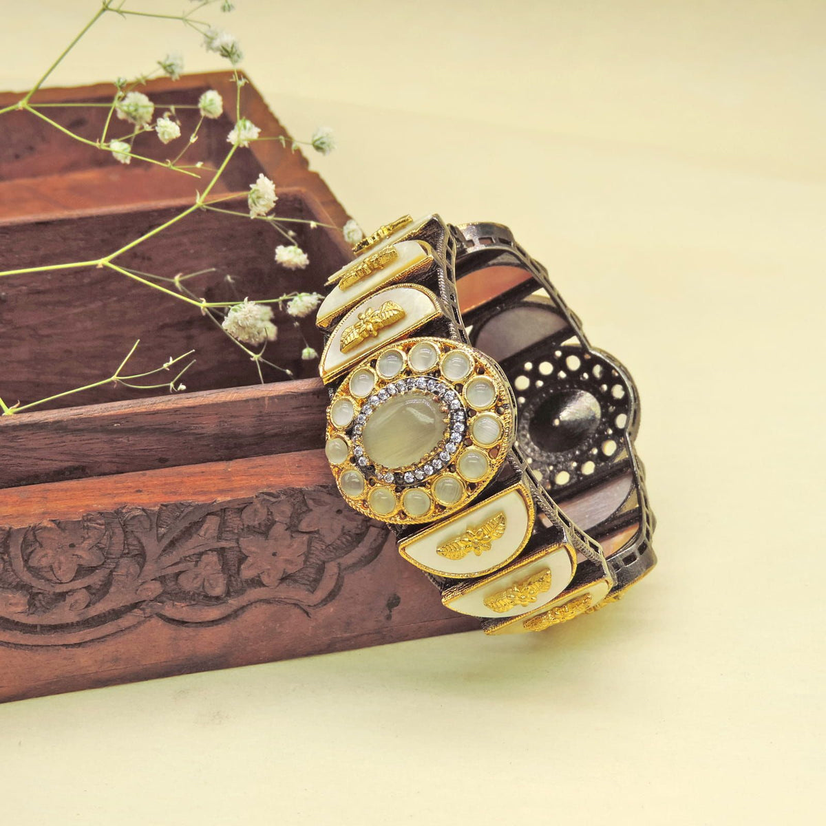 Dual Tone Stone Statement Cuff Bracelet