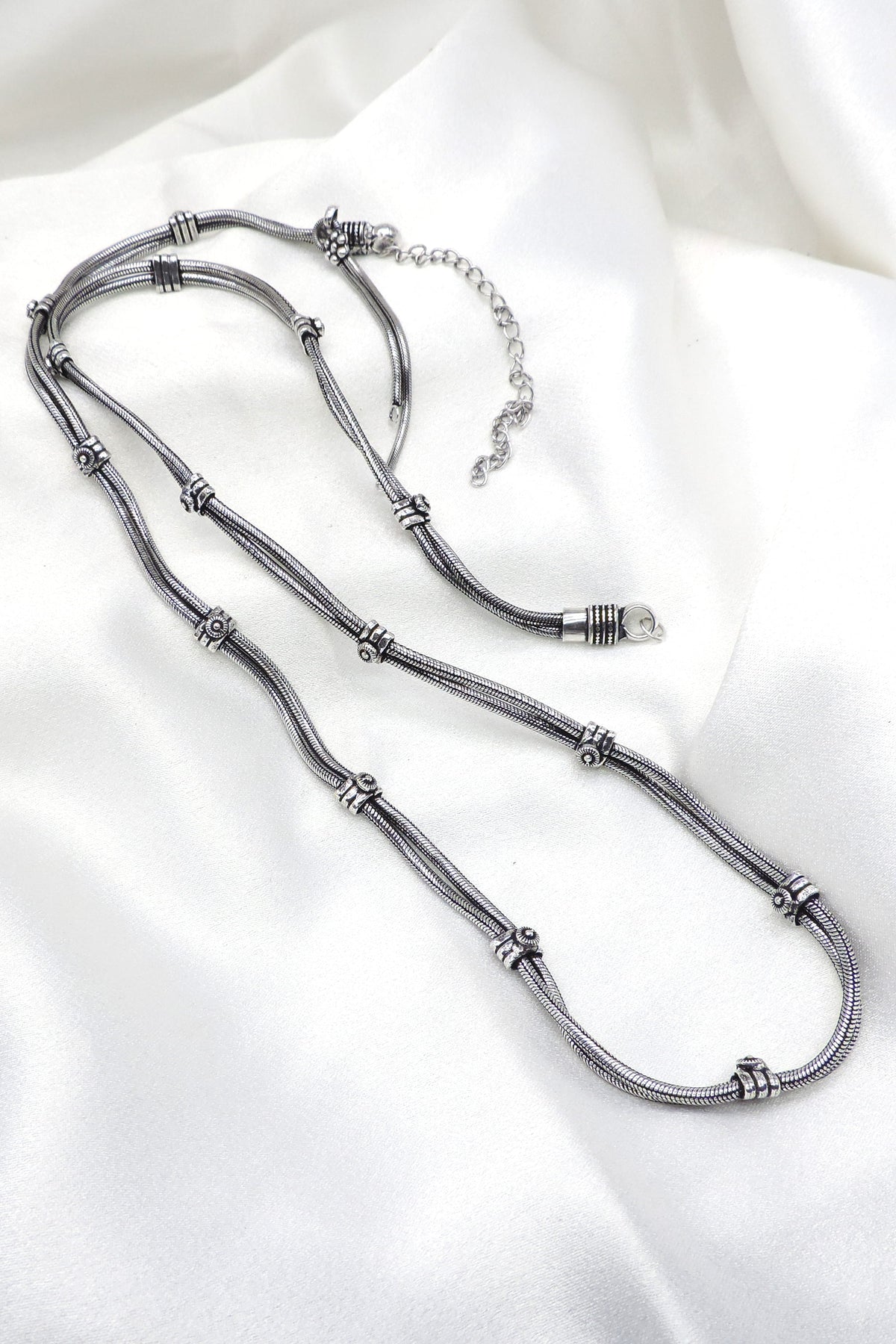 Oxidized silver minimal double chain Kamarbandh waist chain with delicate traditional detailing by joyrias