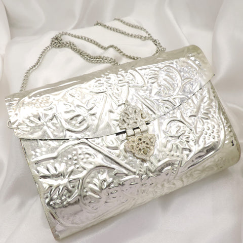 Silver Embossed Floral Clutch Bag | Joyrias