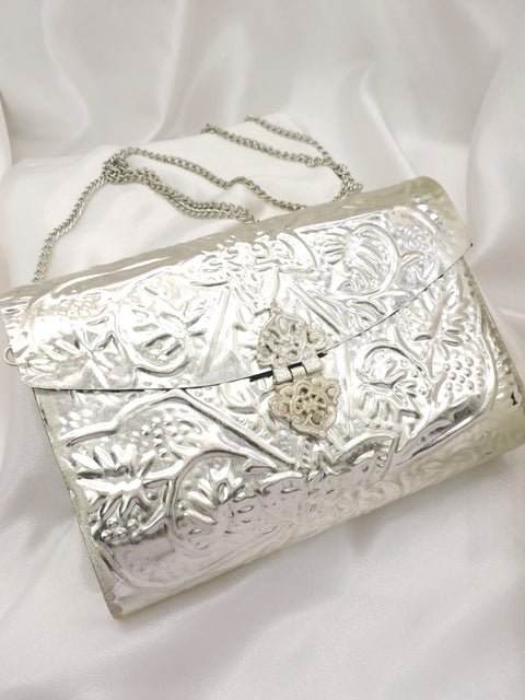 Silver Embossed Floral Clutch Bag | Joyrias