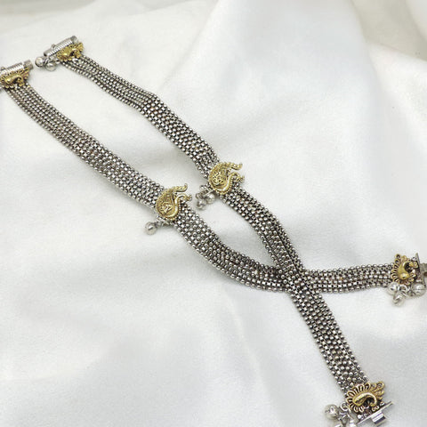 Oxidized silver dual-tone paisley anklet with detailed beadwork and charms by joyrias