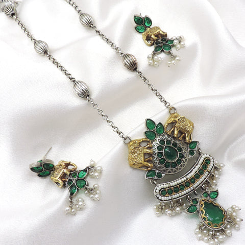 Heritage Elephant Dual Tone Pendant Set with Earrings