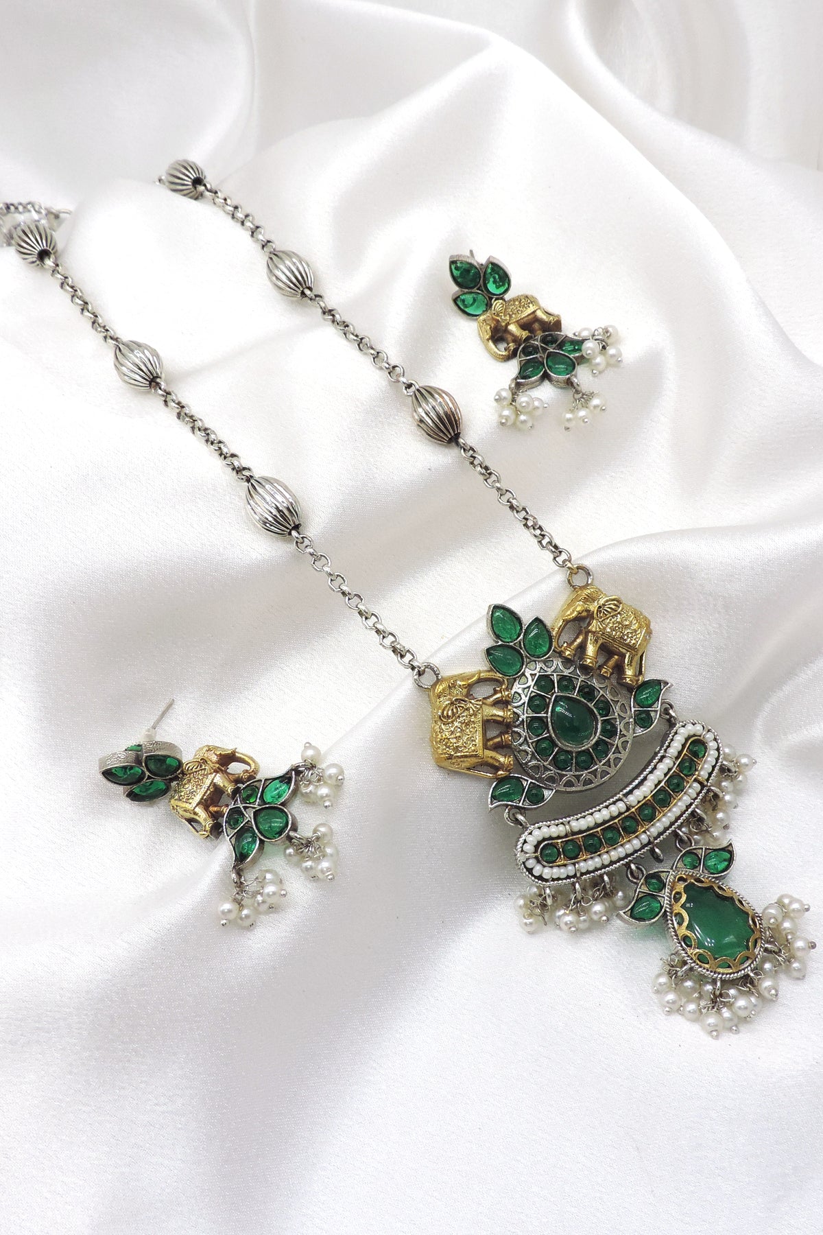 Heritage Elephant Dual Tone Pendant Set with Earrings