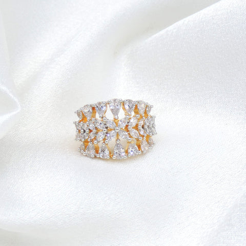 Ornate CZ mesh ring with gold-toned detailing by joyrias