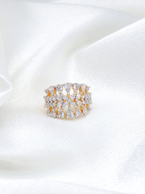 Ornate CZ mesh ring with gold-toned detailing by joyrias