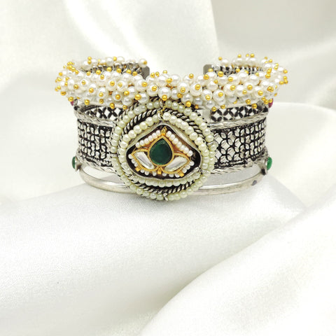 Oxidised pearl kundan cuff bangle by Joyrias