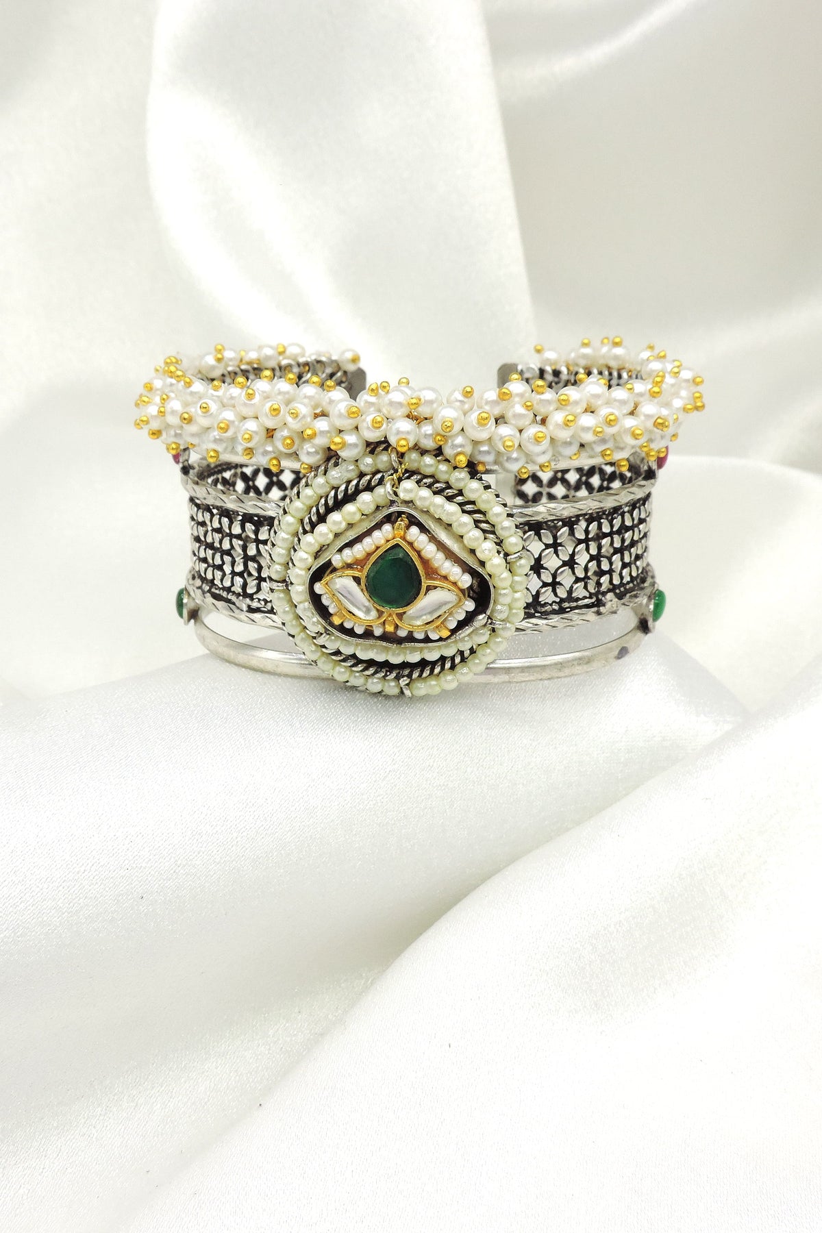 Oxidised pearl kundan cuff bangle by Joyrias