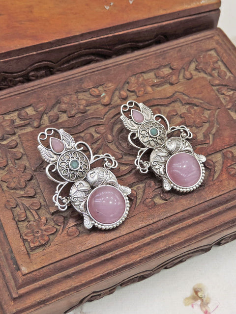 Pink Stone Oxidized Floral Statement Earrings
