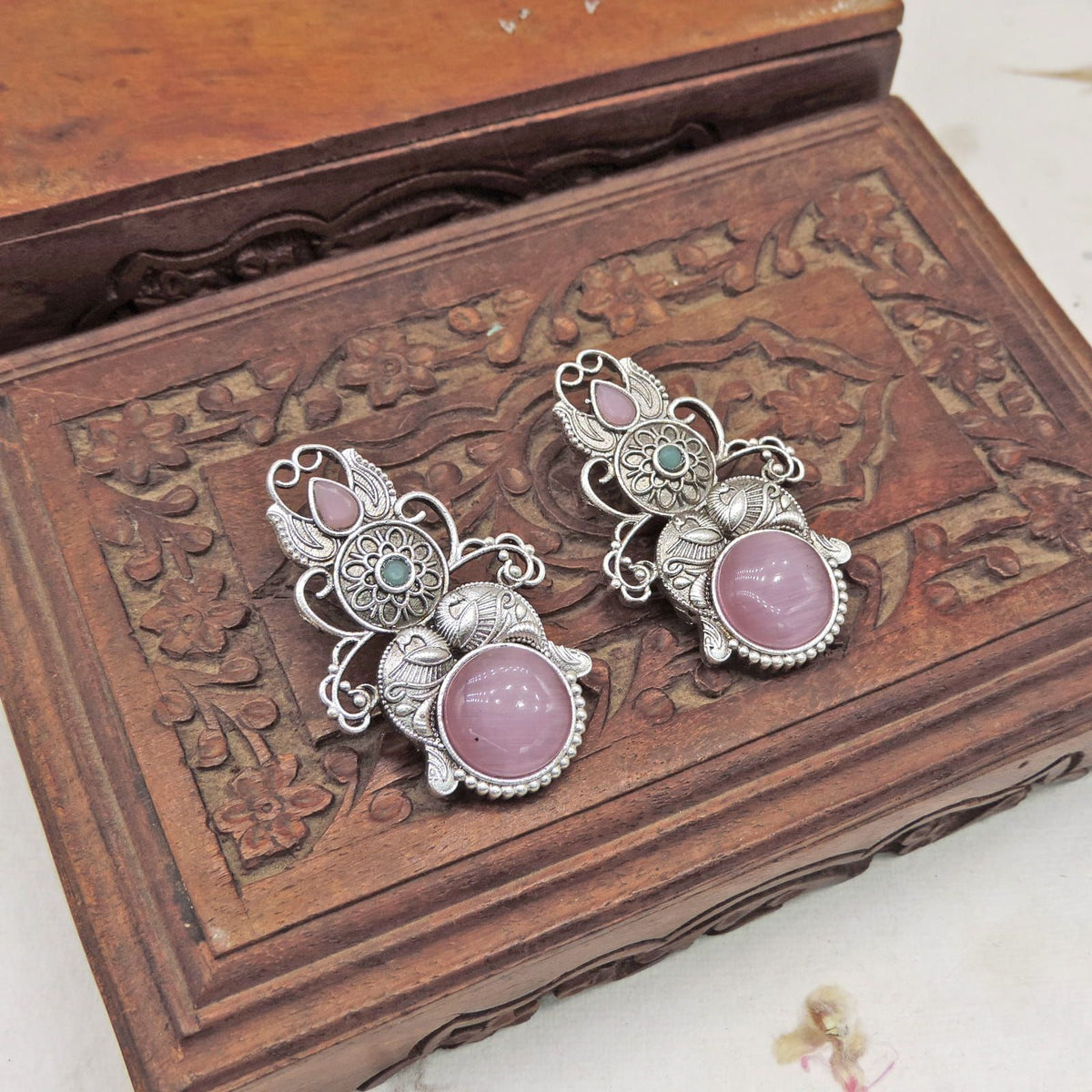 Pink Stone Oxidized Floral Statement Earrings