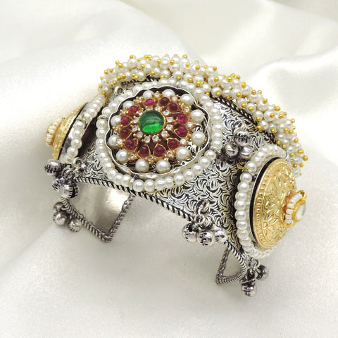 Pearl kundan oxidized cuff bracelet by Joyrias