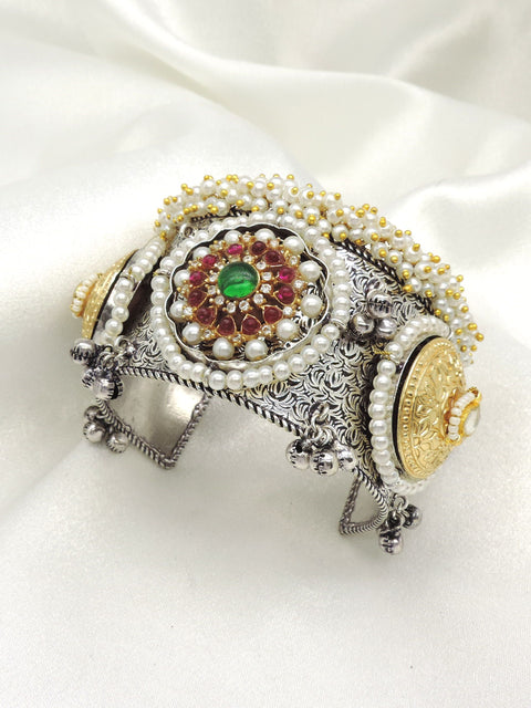 Pearl kundan oxidized cuff bracelet by Joyrias
