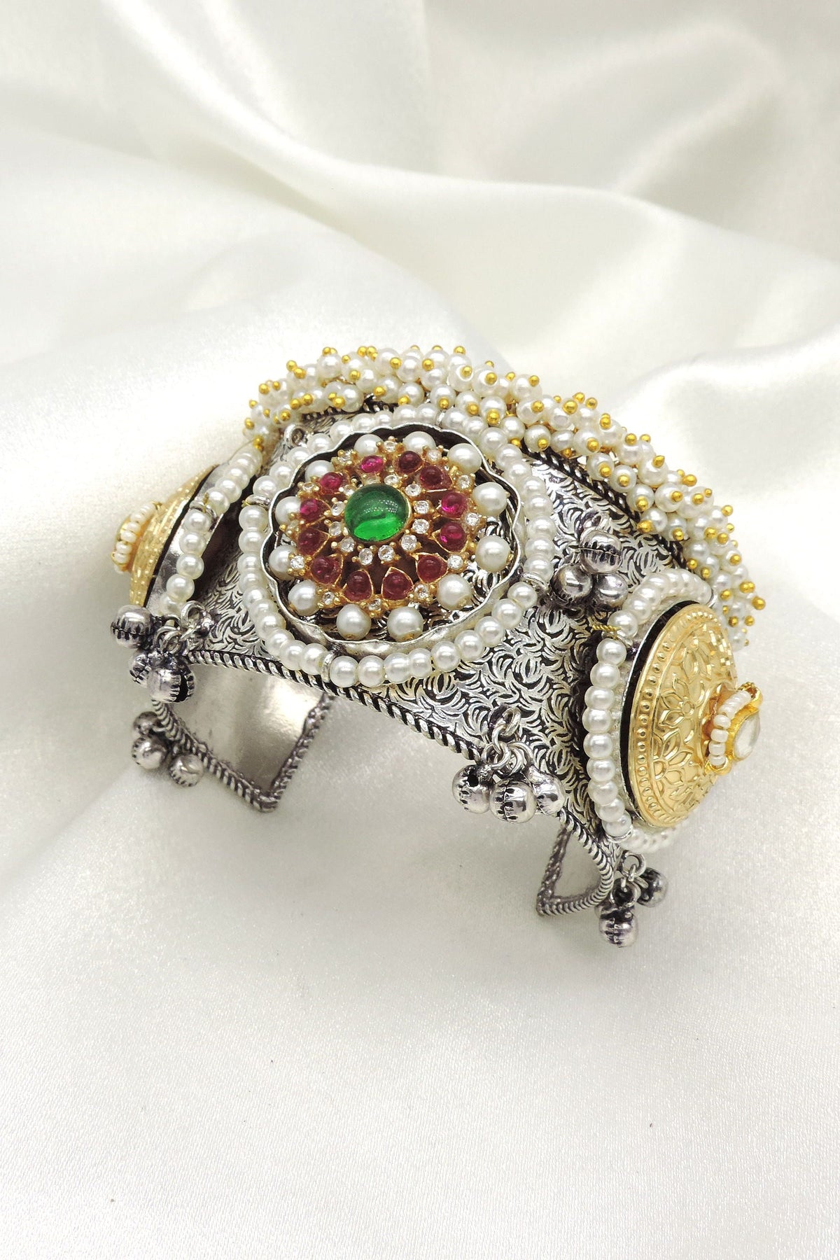Pearl kundan oxidized cuff bracelet by Joyrias
