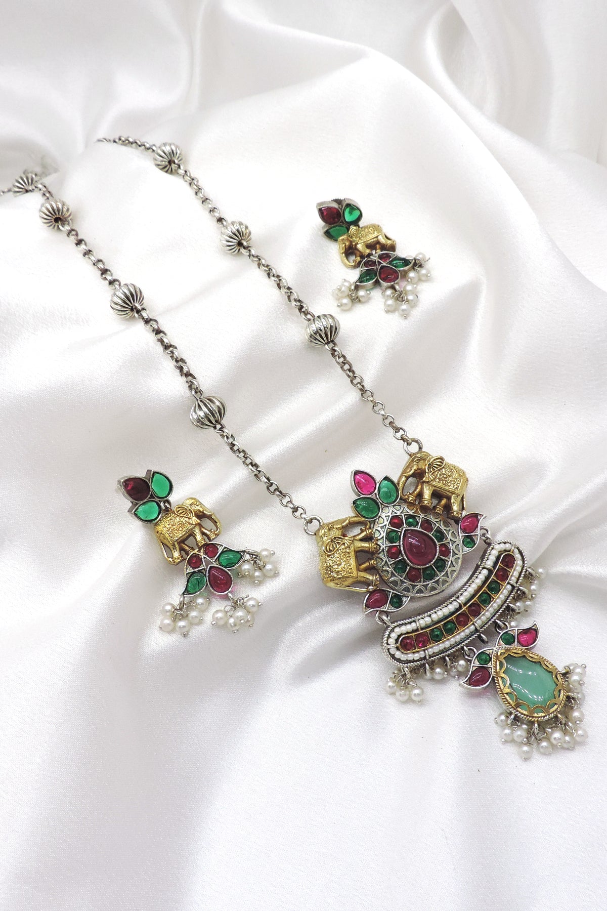 Heritage Elephant Dual Tone Pendant Set with Earrings
