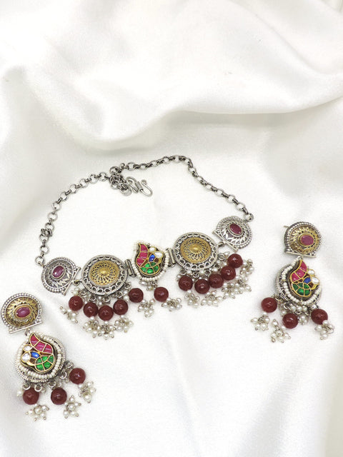 Oxidized dual-tone multicolor stone pearl choker set with matching earrings by Joyrias