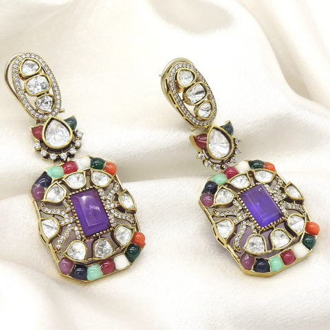 Navratna Kundan AD Drop Earrings Featuring Purple Center Stone and Multicolor Accents by Joyrias