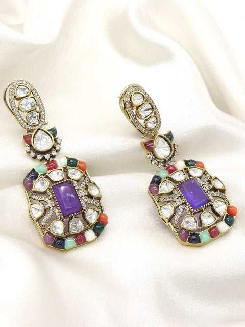 Navratna Kundan AD Drop Earrings Featuring Purple Center Stone and Multicolor Accents by Joyrias