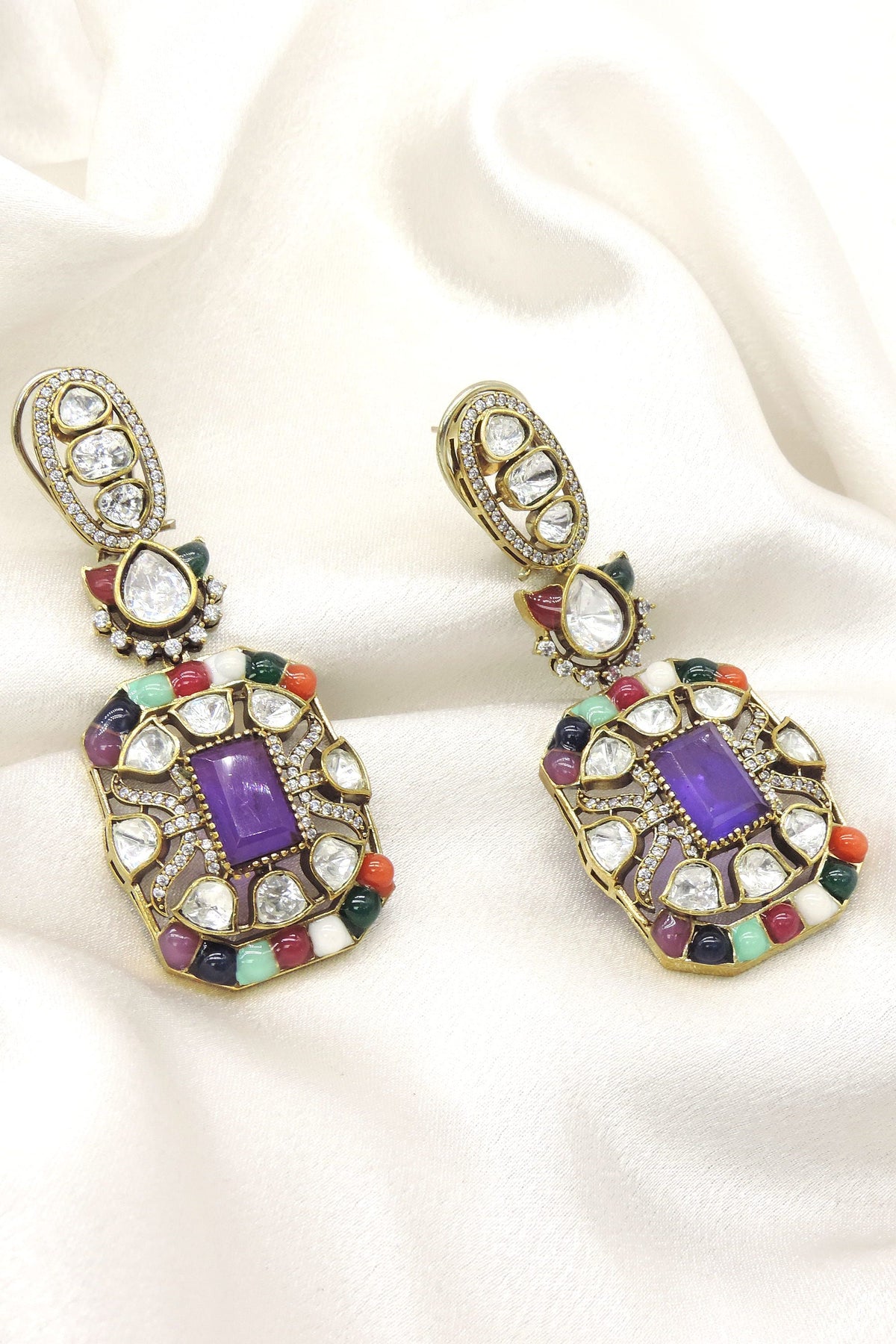 Navratna Kundan AD Drop Earrings Featuring Purple Center Stone and Multicolor Accents by Joyrias