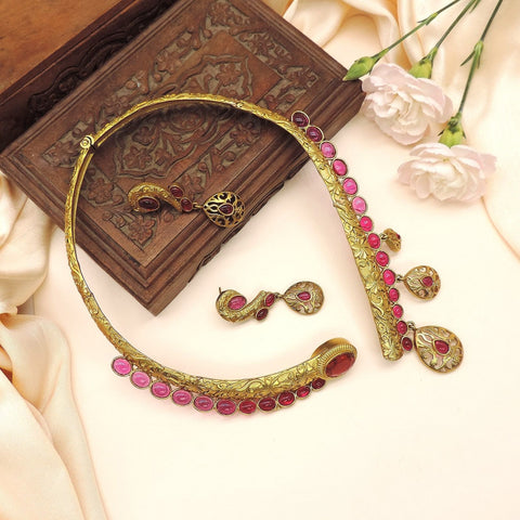 Handcrafted Gold-Plated Pink Stone Necklace Set with Matching Earrings | Bridal & Festive Indian Jewelry Image 0