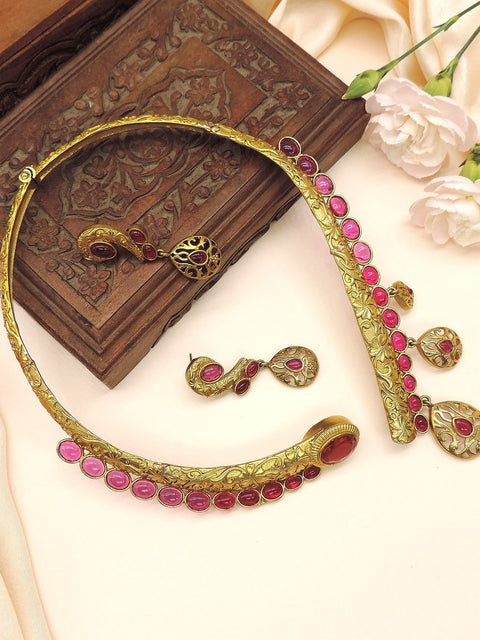 Handcrafted gold plated pink stone necklace set with matching earrings – Indian bridal jewelry USA – Joyrias