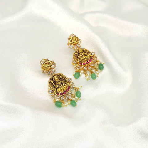 Temple Lakshmi Earrings with Green Bead Drops & CZ Accents