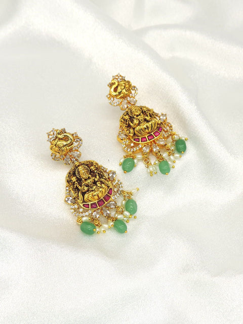 Temple Lakshmi Earrings with Green Bead Drops & CZ Accents