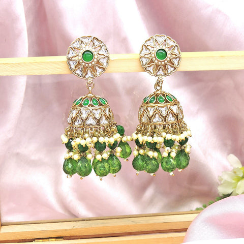 Kundan jhumka earrings with green beads – Indian Kundan green jhumka USA – Joyrias