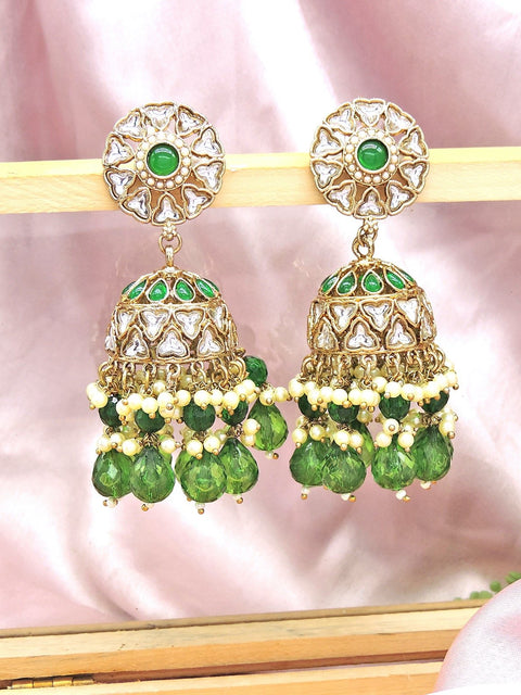 Kundan jhumka earrings with green beads – Indian Kundan green jhumka USA – Joyrias