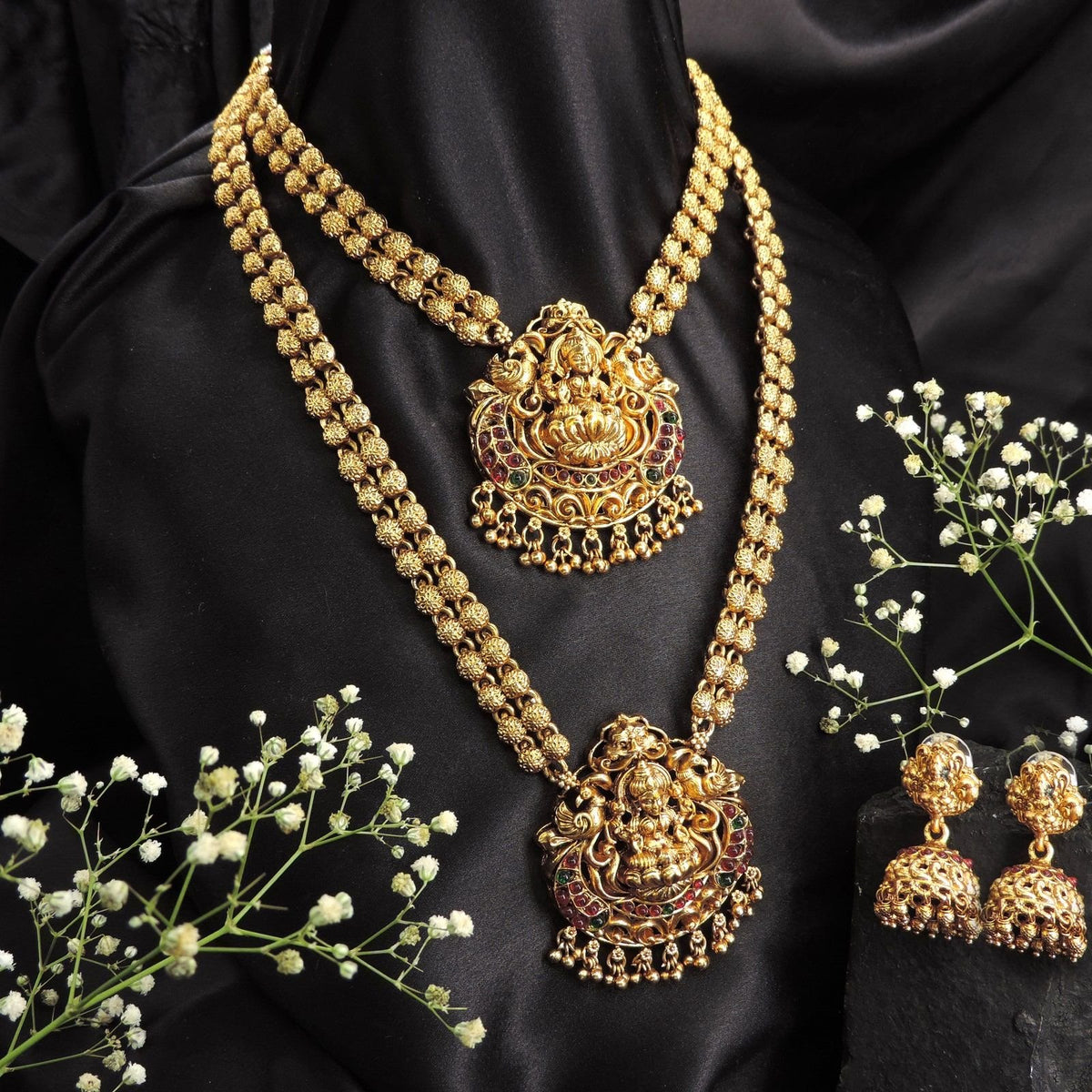 Double layer Lakshmi temple haram – South Indian temple haram necklace USA – Joyrias