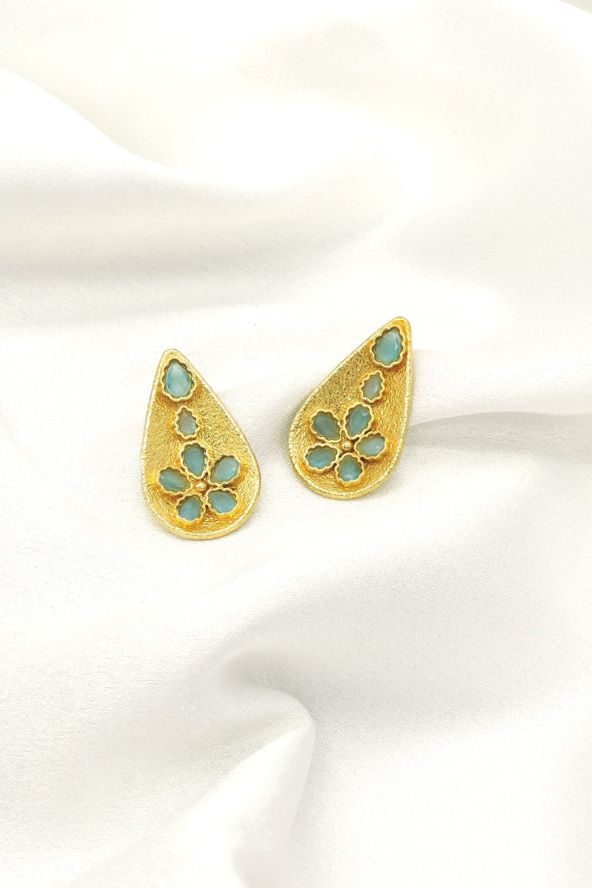 Turquoise Floral Teardrop Earrings | Gold-Plated Statement Studs | Joyrias
