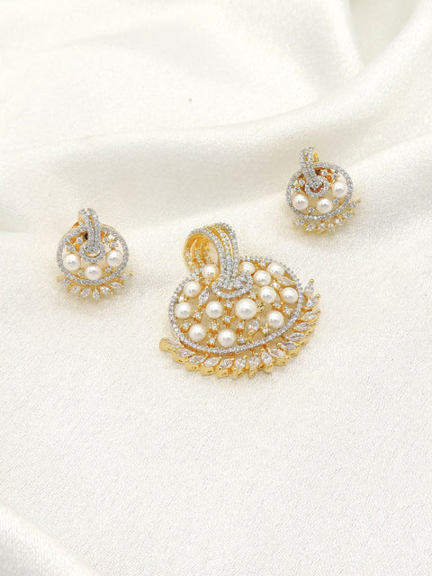 Gold plated circular pearl pendant with matching earrings and sparkling stone accents
