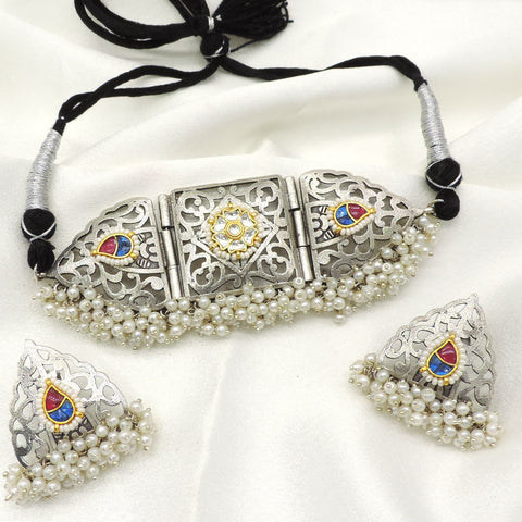 Oxidised pearl ethnic choker set with earrings