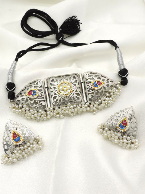 Oxidised pearl ethnic choker set with earrings