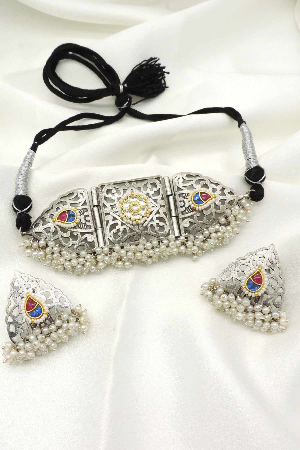 Oxidised pearl ethnic choker set with earrings