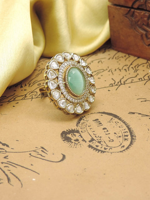 Round AD Kundan cocktail ring with green stone – Indian American diamond ring USA – Joyrias