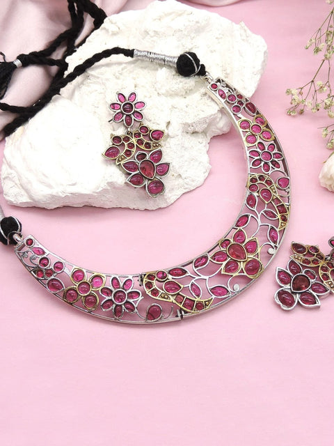 Silver look-alike floral ruby stone necklace set – Indian oxidized necklace for weddings – Joyrias