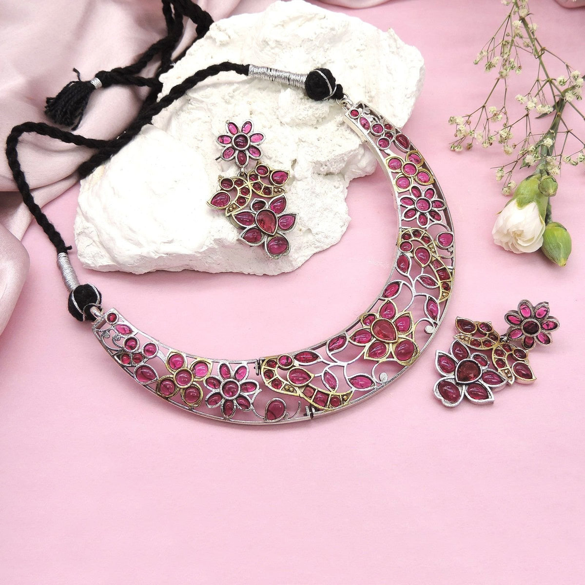 Silver Look-Alike Floral Ruby Stone Necklace Set Image 0