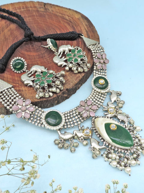 Silver lookalike necklace with green stone – Indian oxidized necklace set for ethnic wear – Joyrias