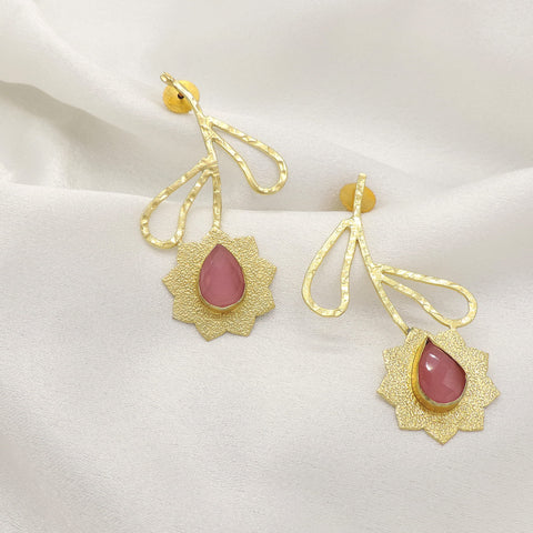 Rose Quartz Drop Earrings with Textured Gold Floral Design