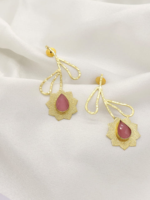 Rose Quartz Drop Earrings with Textured Gold Floral Design