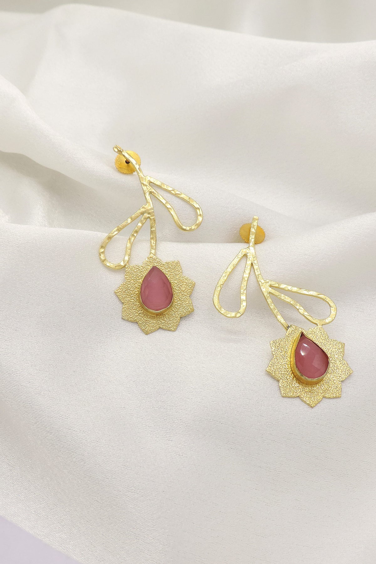 Rose Quartz Drop Earrings with Textured Gold Floral Design