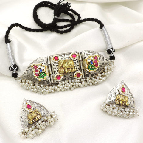 Oxidized elephant multicolor kundan pearl choker set with matching elephant earrings by joyrias